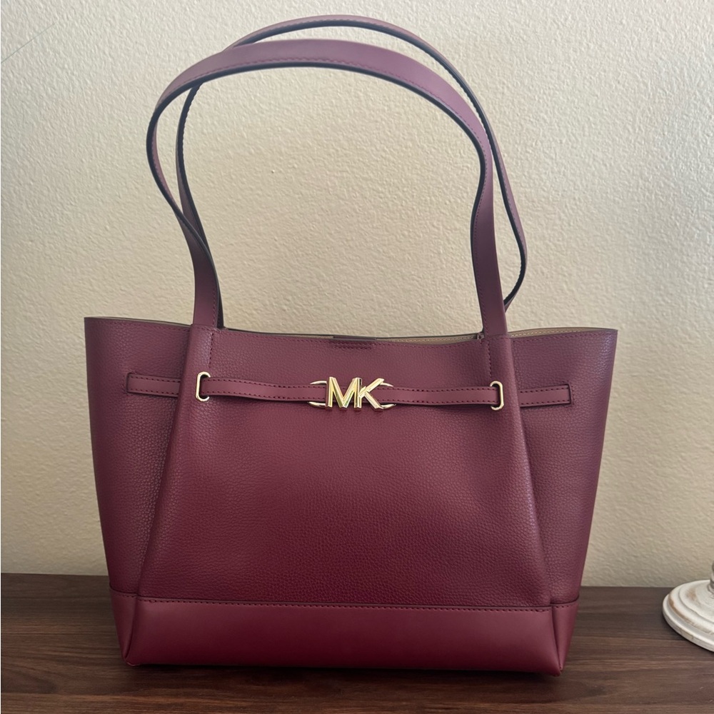New Michael Michael Kors Reed‎ Dark Cherry Large Belted Tote Bag Leather .